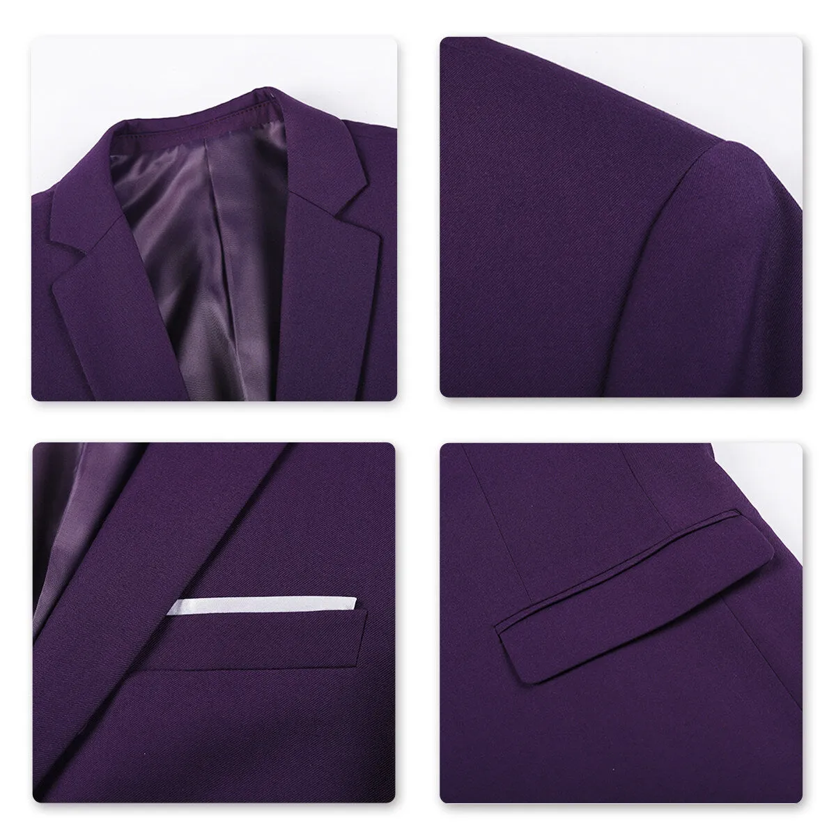 3-Piece Men's Business Solid Color Two-Button Suit Set Purple