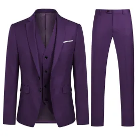 3-Piece Men's Business Solid Color Two-Button Suit Set Purple