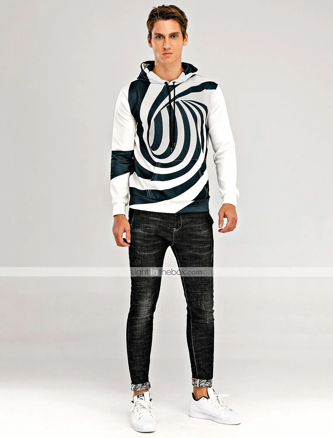 3D Purple and White Geometric Hoodie for Men - Casual Winter Apparel with Long Sleeve