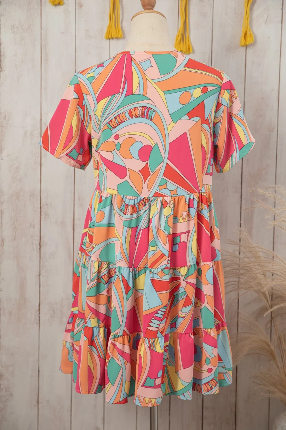 Abstract Geometric Print Tassel Tie Flared Dress - Coral
