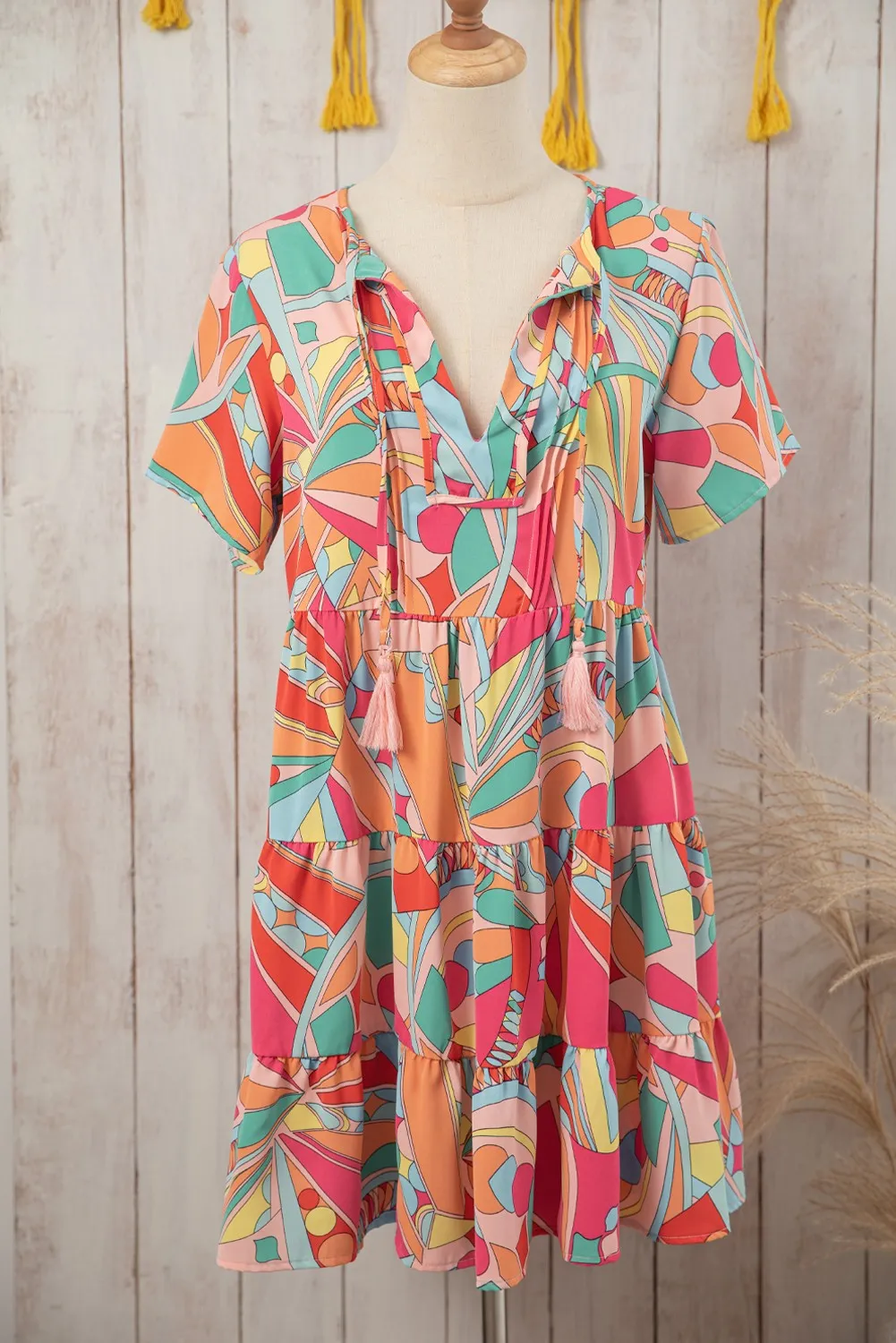 Abstract Geometric Print Tassel Tie Flared Dress - Coral