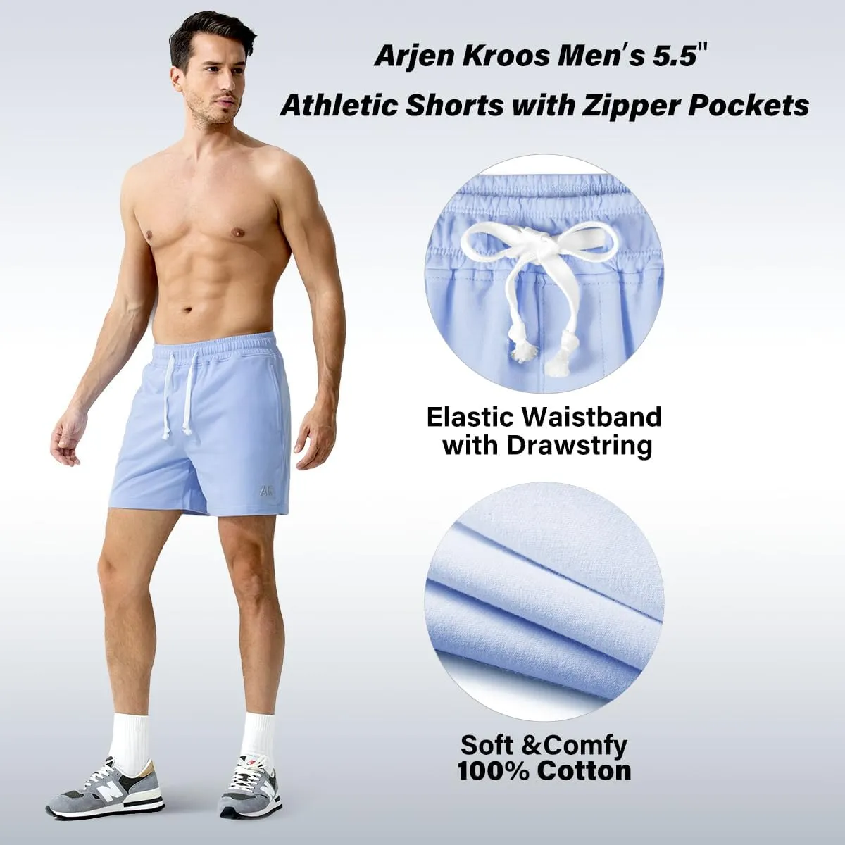 Arjen Kroos Men Sweat Cotton Shorts with Zipper Pockets 5 Inch Athletic Gym Stretch Workout Short