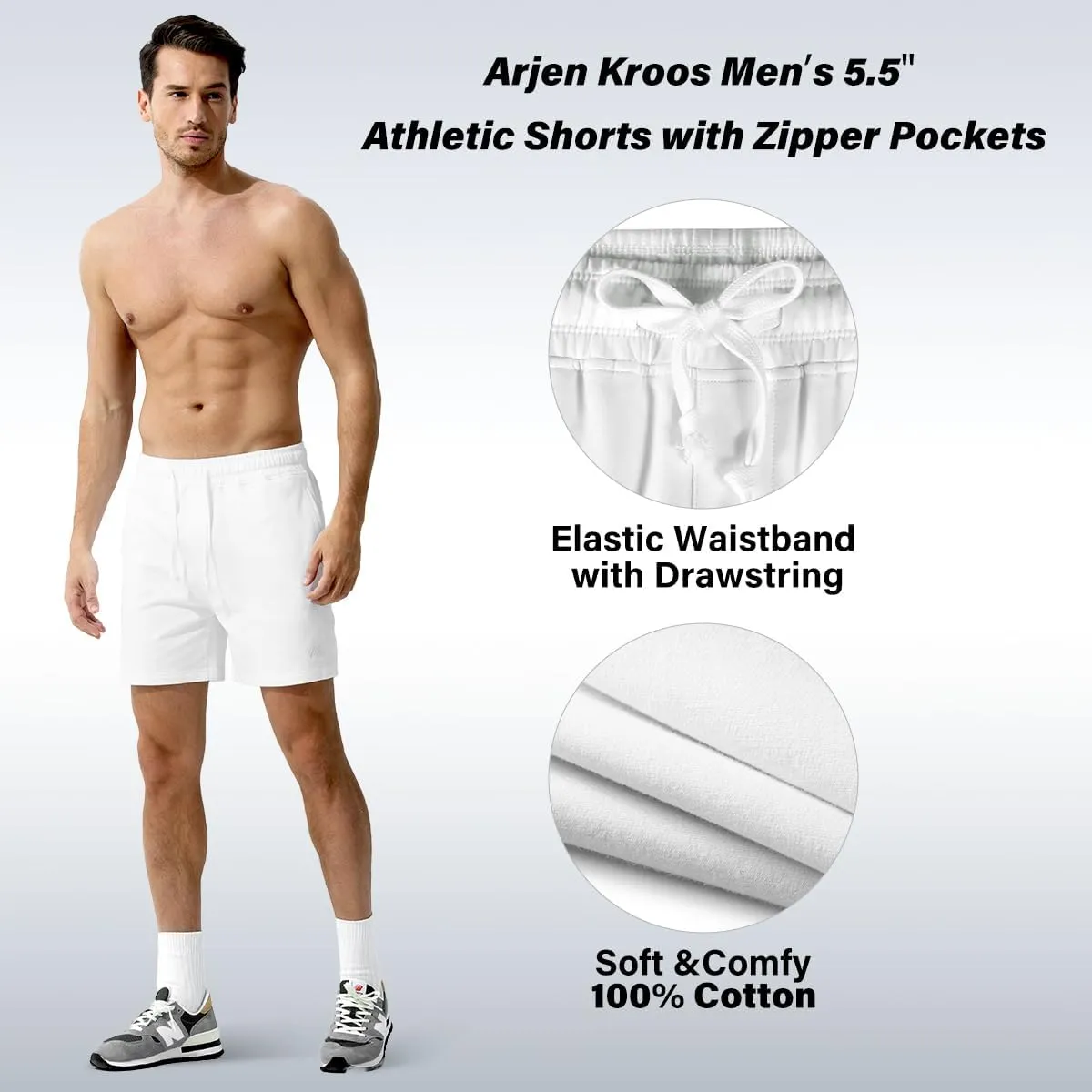 Arjen Kroos Men Sweat Cotton Shorts with Zipper Pockets 5 Inch Athletic Gym Stretch Workout Short