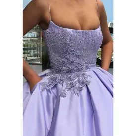 Ball Gown Lilac Satin Appliques Chic Scoop Long Prom Dress Formal Evening Gowns