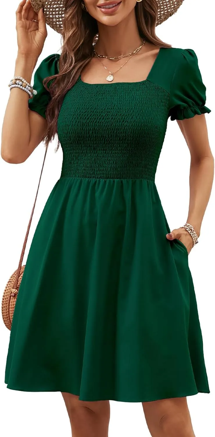 Berydress Women's Summer Dresses 2025 Pockets Short Sleeve Square Neck Flowy A Line Casual Boho Smocked Mini Sun Dress