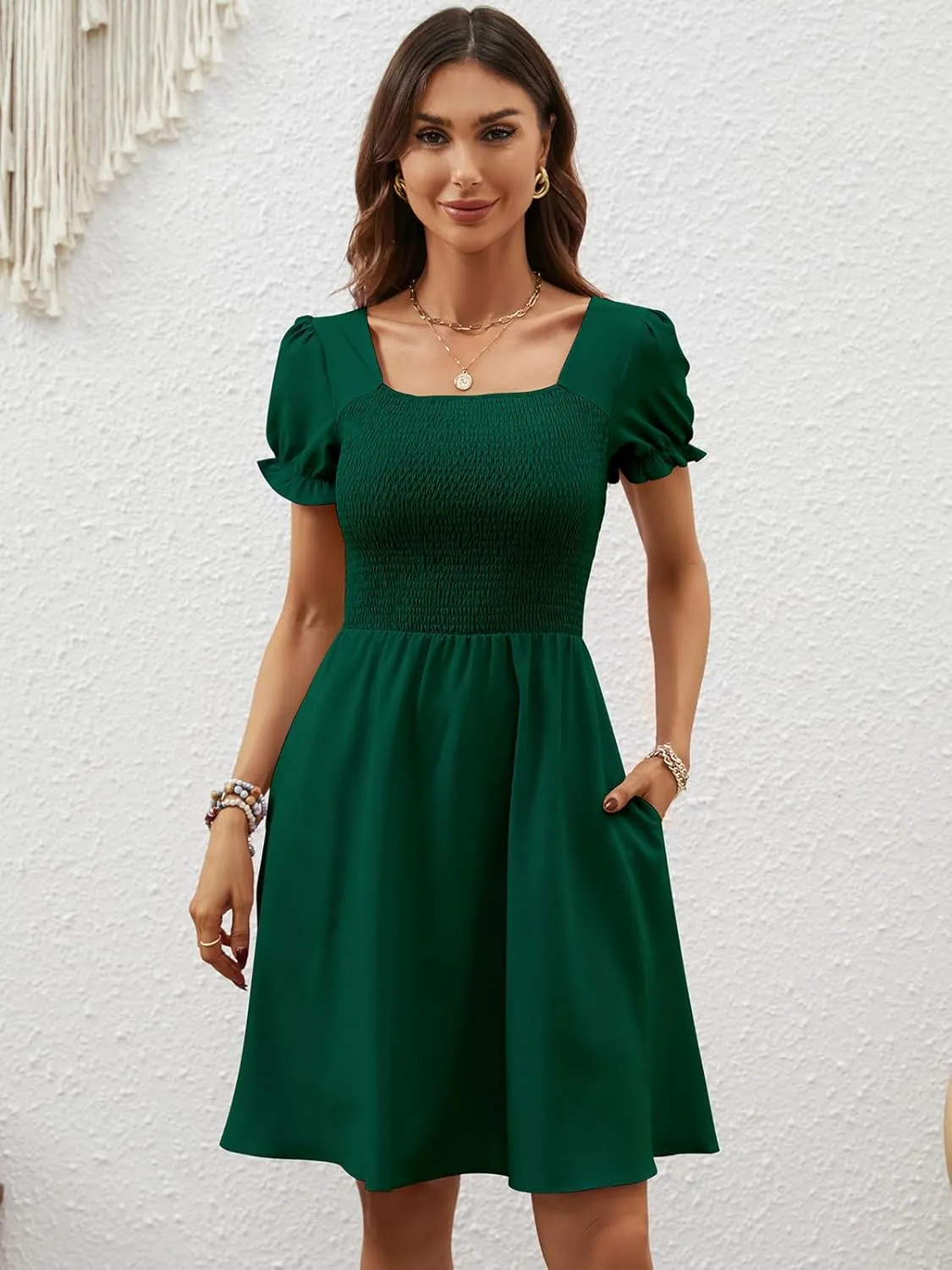 Berydress Women's Summer Dresses 2025 Pockets Short Sleeve Square Neck Flowy A Line Casual Boho Smocked Mini Sun Dress