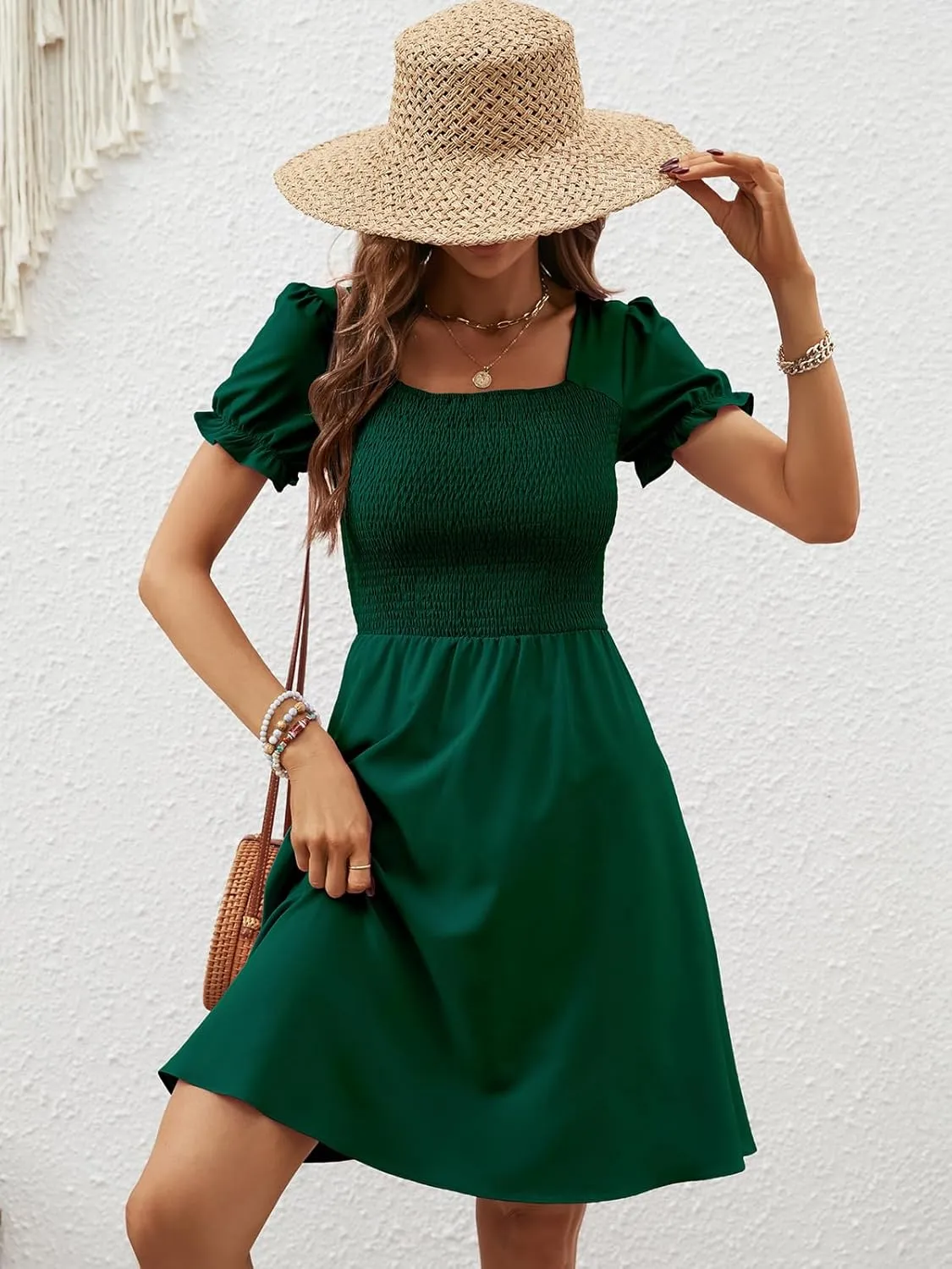 Berydress Women's Summer Dresses 2025 Pockets Short Sleeve Square Neck Flowy A Line Casual Boho Smocked Mini Sun Dress