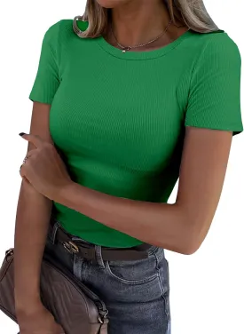 BIDITANLE Womens Summer Short Sleeve T-Shirt Ribbed Knit Crew Neck Slim Fitted Basic Casual Top