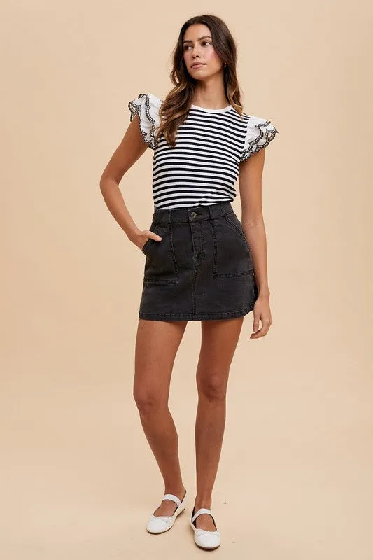 Black Cargo Denim Mini Skirt