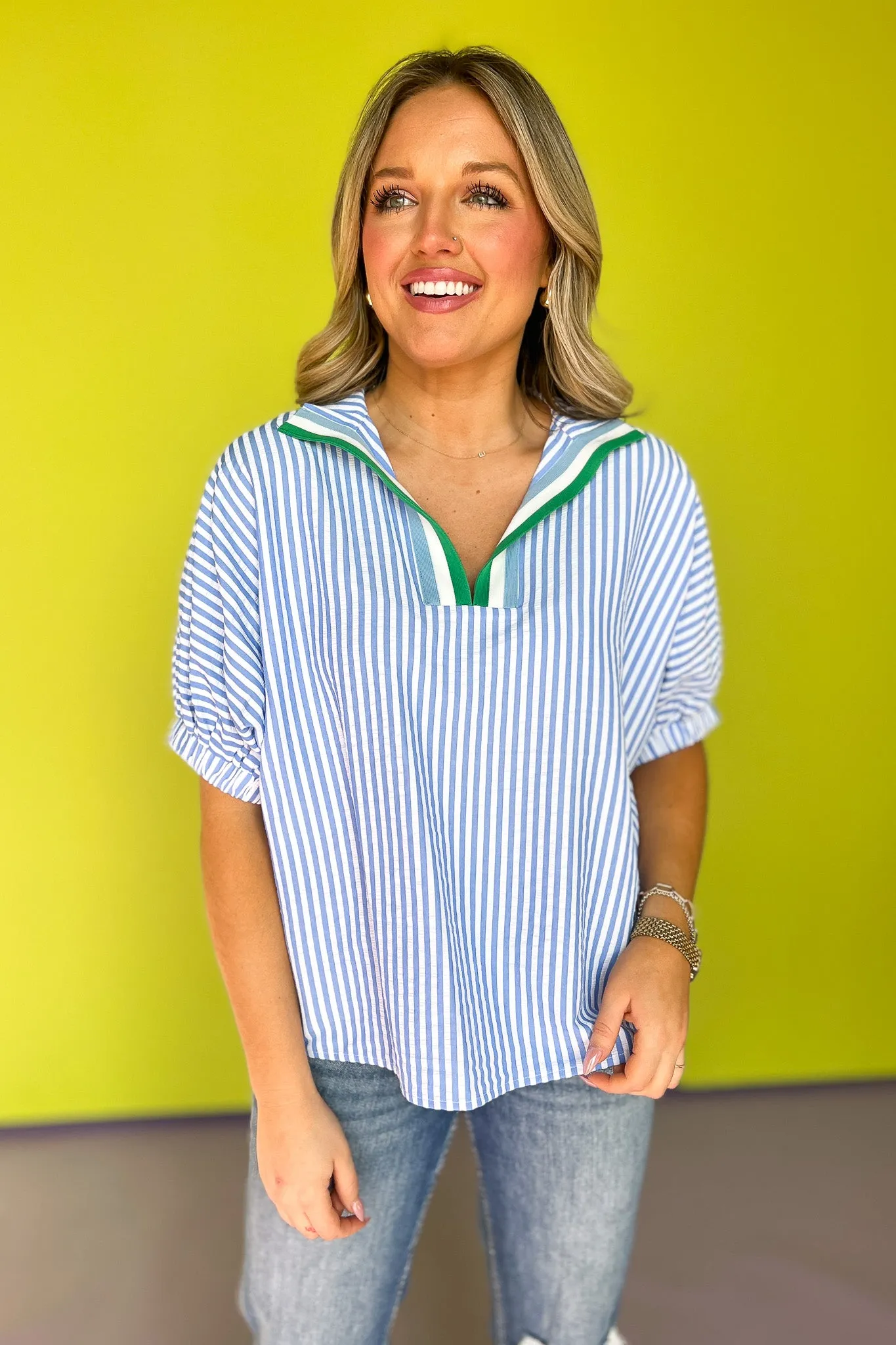 Blue Seersucker Contrast Stripe Collar Neckline Top *FINAL SALE*