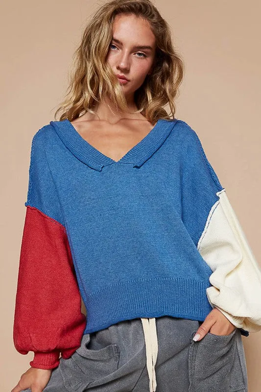 Blue Zone Planet |  POL Exposed Seam Contrast V-Neck Lantern Sleeve Sweater