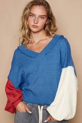 Blue Zone Planet |  POL Exposed Seam Contrast V-Neck Lantern Sleeve Sweater