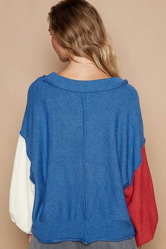 Blue Zone Planet |  POL Exposed Seam Contrast V-Neck Lantern Sleeve Sweater