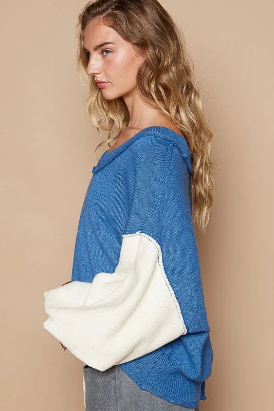 Blue Zone Planet |  POL Exposed Seam Contrast V-Neck Lantern Sleeve Sweater