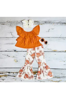Burnt orange ruffle top w/cow print & flowers bell bottoms 2pc set