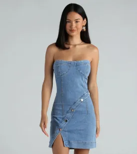 Button Up Babe Denim Strapless Mini Dress