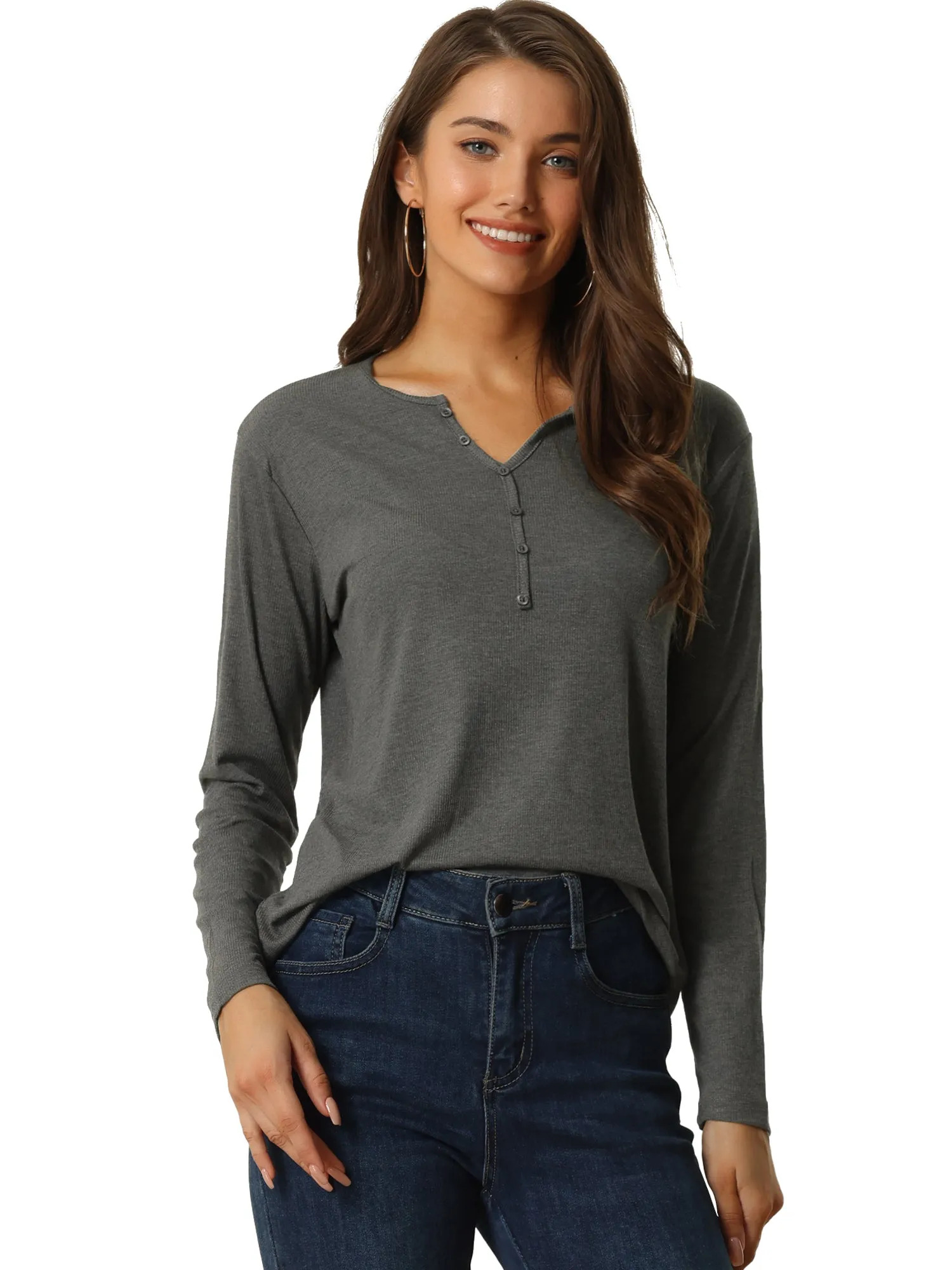 Casual V Neck Ribbed Pullover Long Sleeve Tops