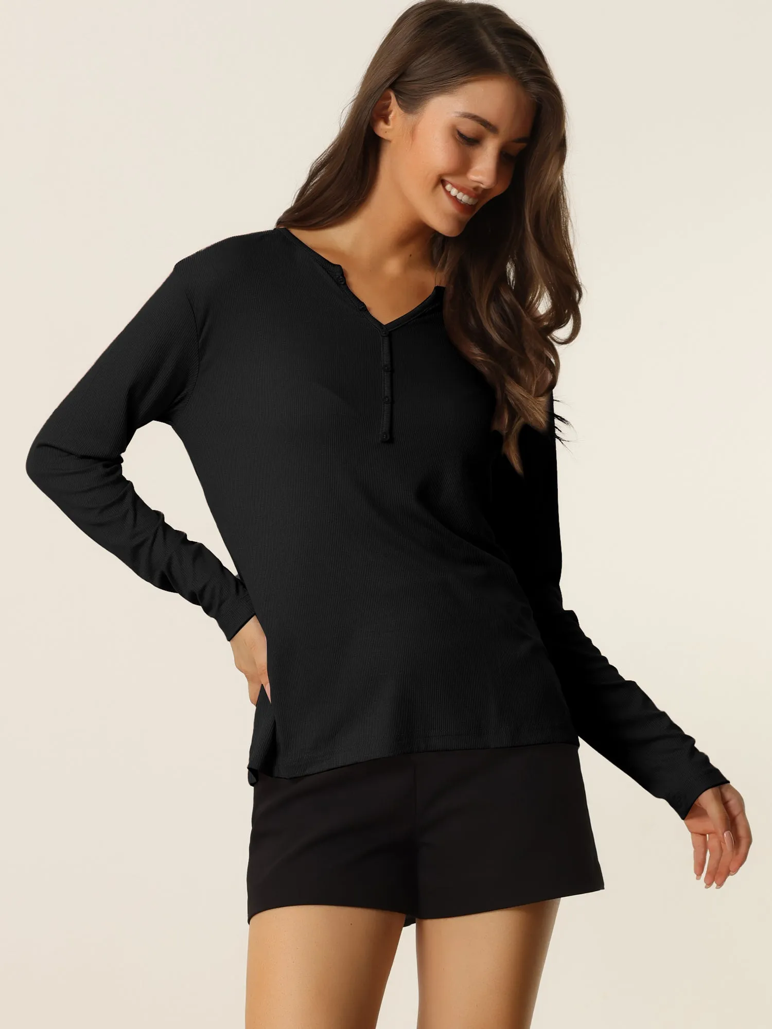 Casual V Neck Ribbed Pullover Long Sleeve Tops
