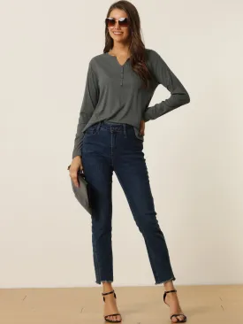 Casual V Neck Ribbed Pullover Long Sleeve Tops