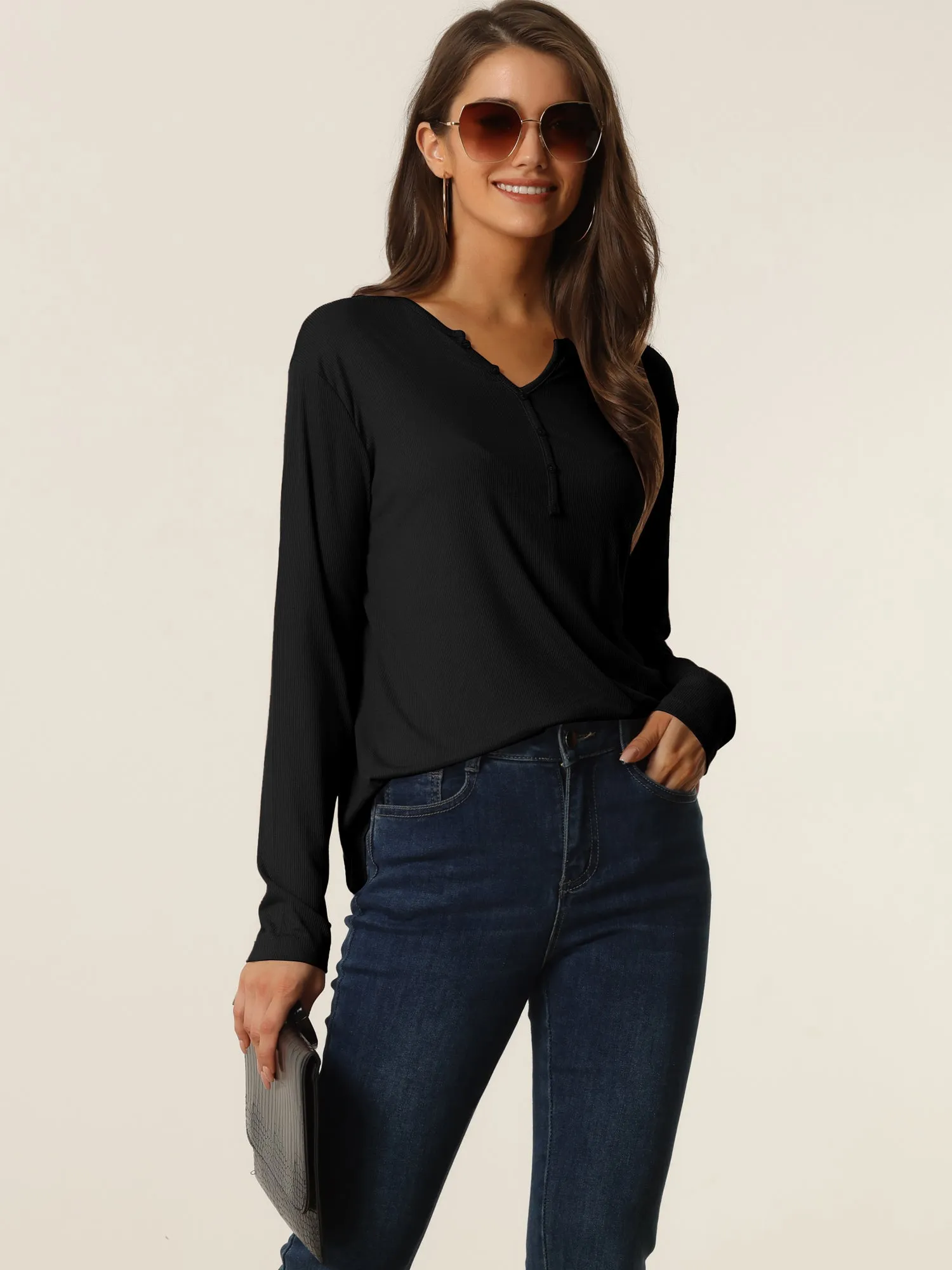 Casual V Neck Ribbed Pullover Long Sleeve Tops