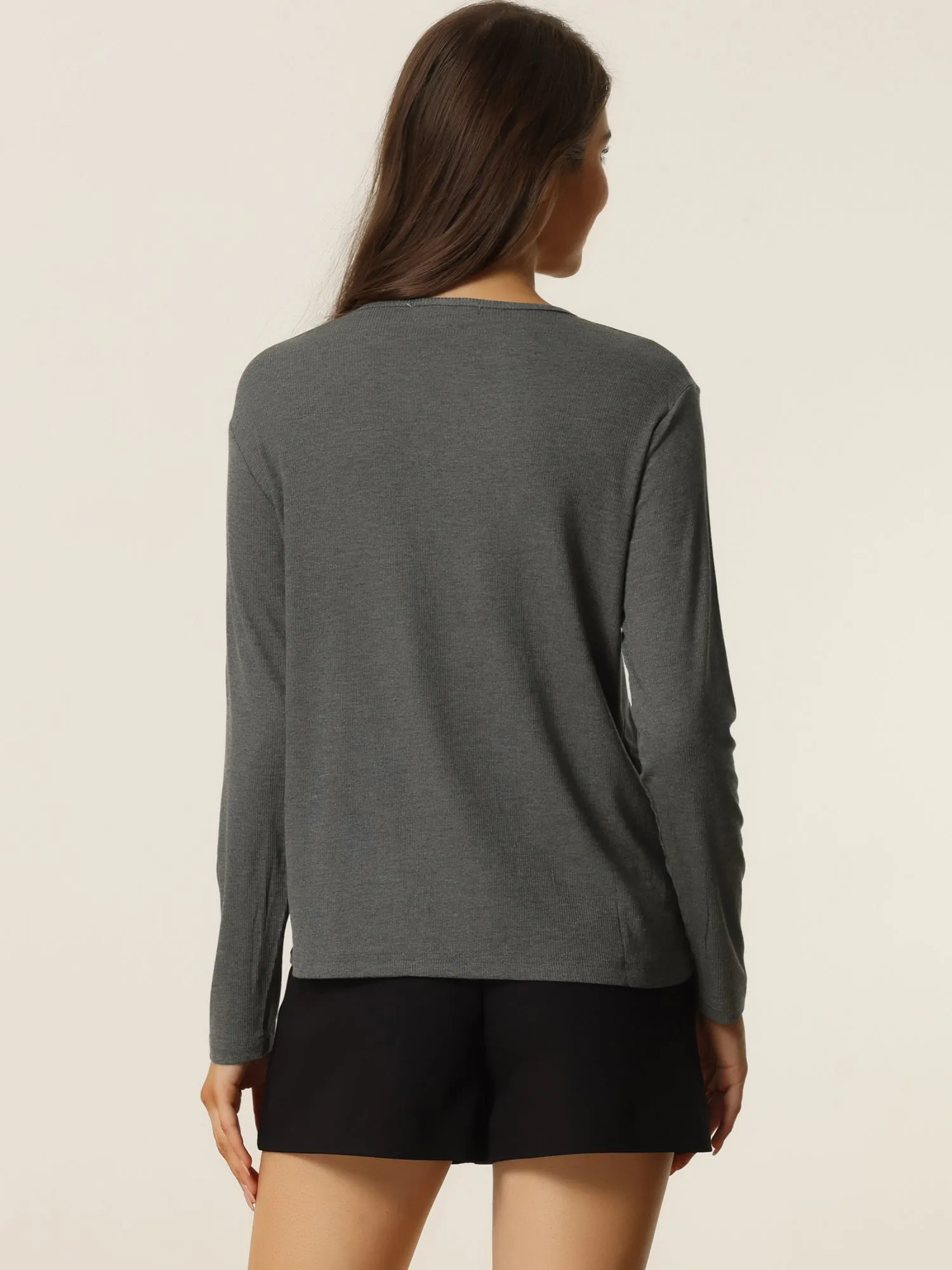 Casual V Neck Ribbed Pullover Long Sleeve Tops