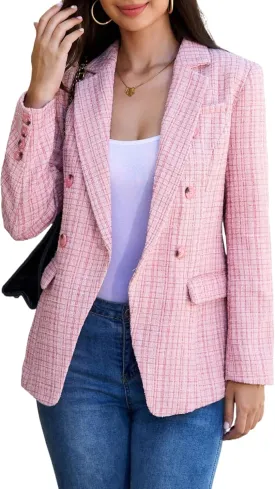 CCTOO Womens Tweed Blazers Casual Jackets Long Sleeve Oversized Open Front Plaid Blazer Jackets Work Suits with Pockets