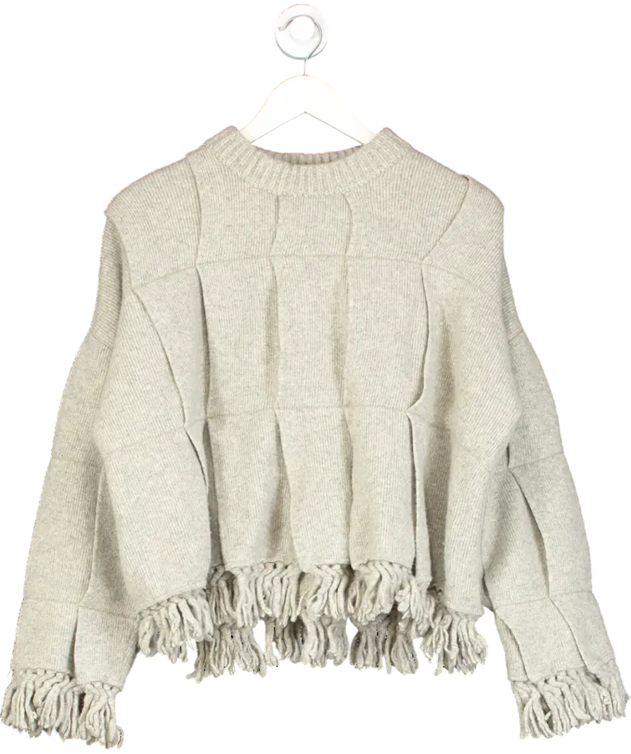 cos Grey Fringed Panelled Wool Jumper UK M