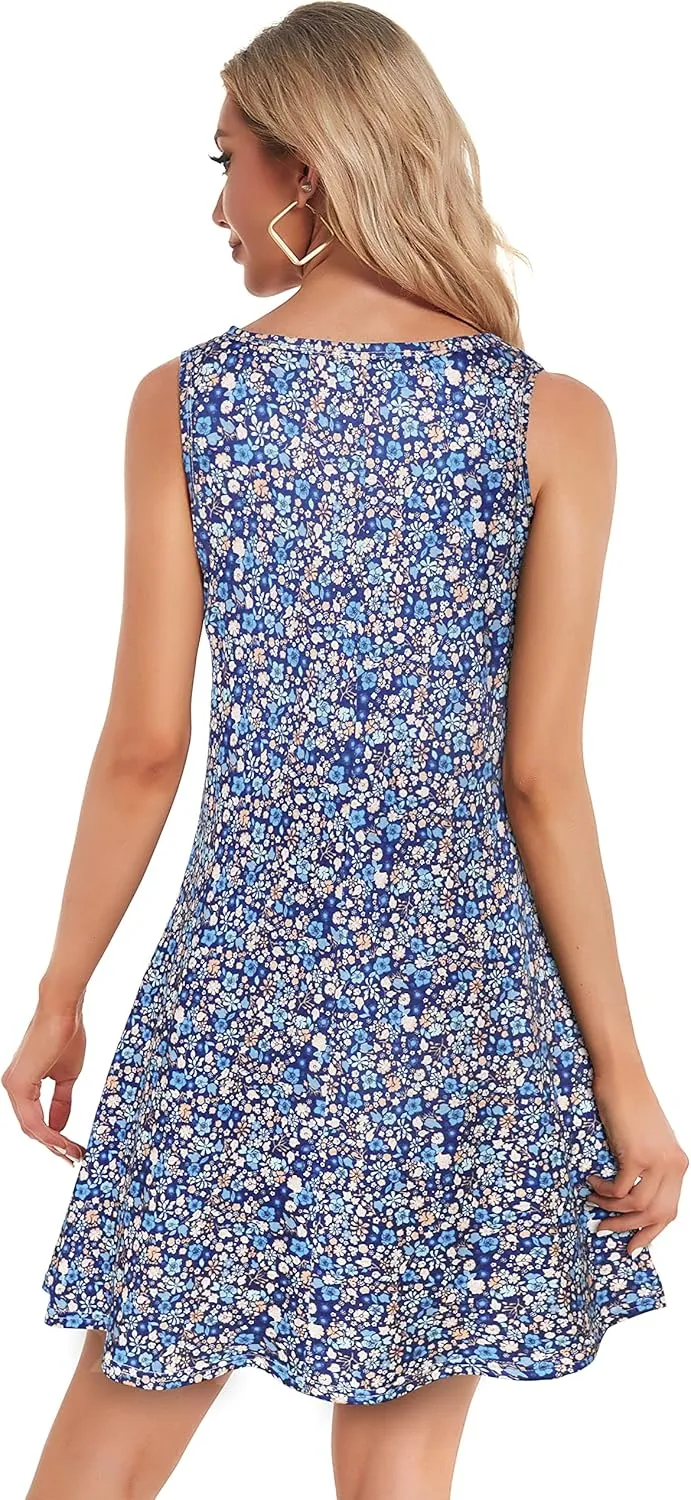 elescat Women's Summer Dresses 2025 Beach Casual Sleeveless Floral Print Tank Loose Sundress with Pocket