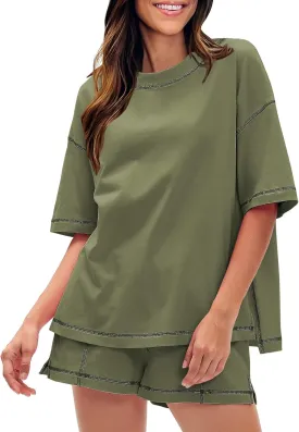 EXLURA Women's Casual Summer 2 Piece Sets 100% Cotton Short Sleeve Tshirt and Shorts Matching Sweatsuits Lounge Set 2025
