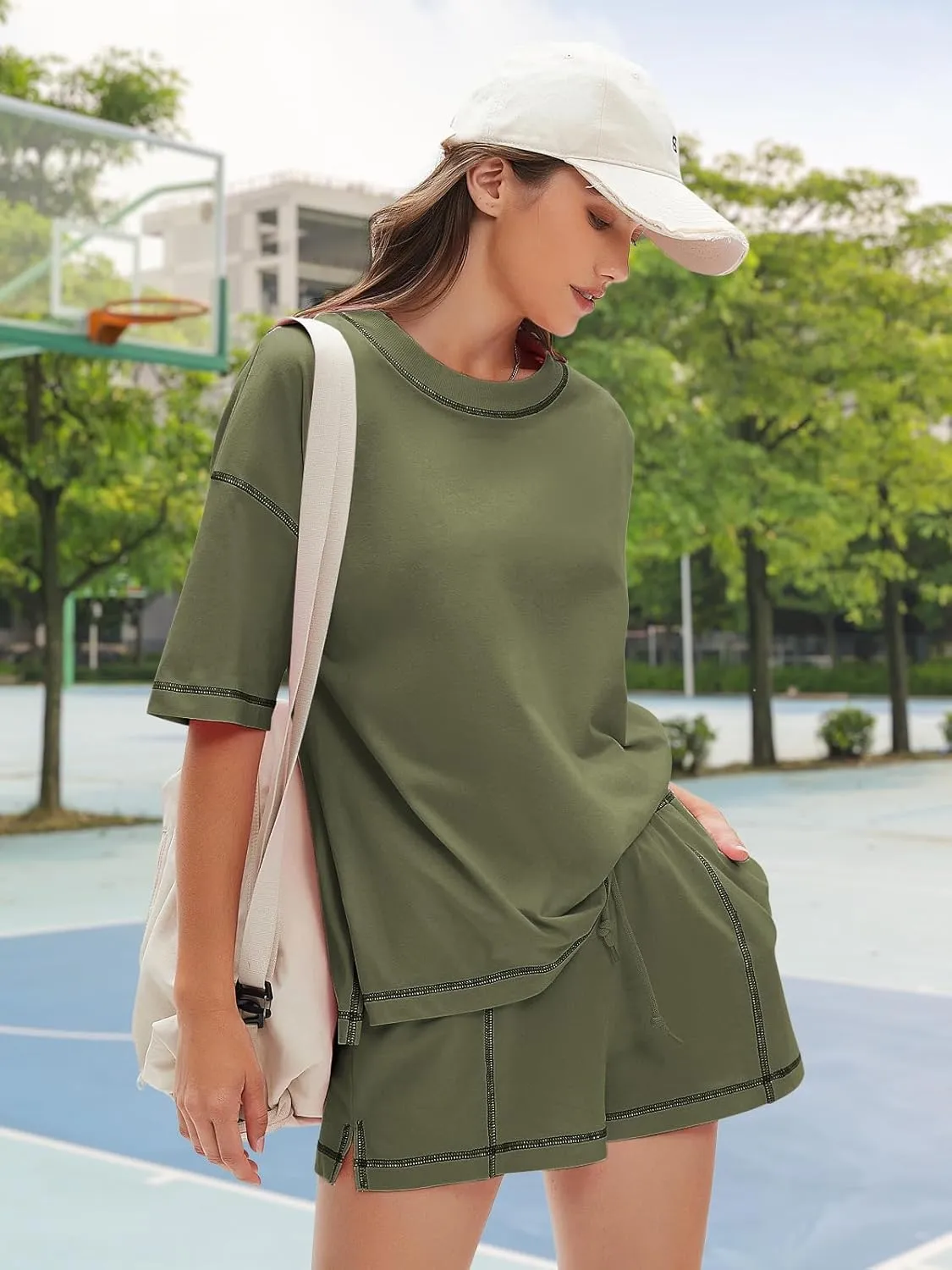 EXLURA Women's Casual Summer 2 Piece Sets 100% Cotton Short Sleeve Tshirt and Shorts Matching Sweatsuits Lounge Set 2025