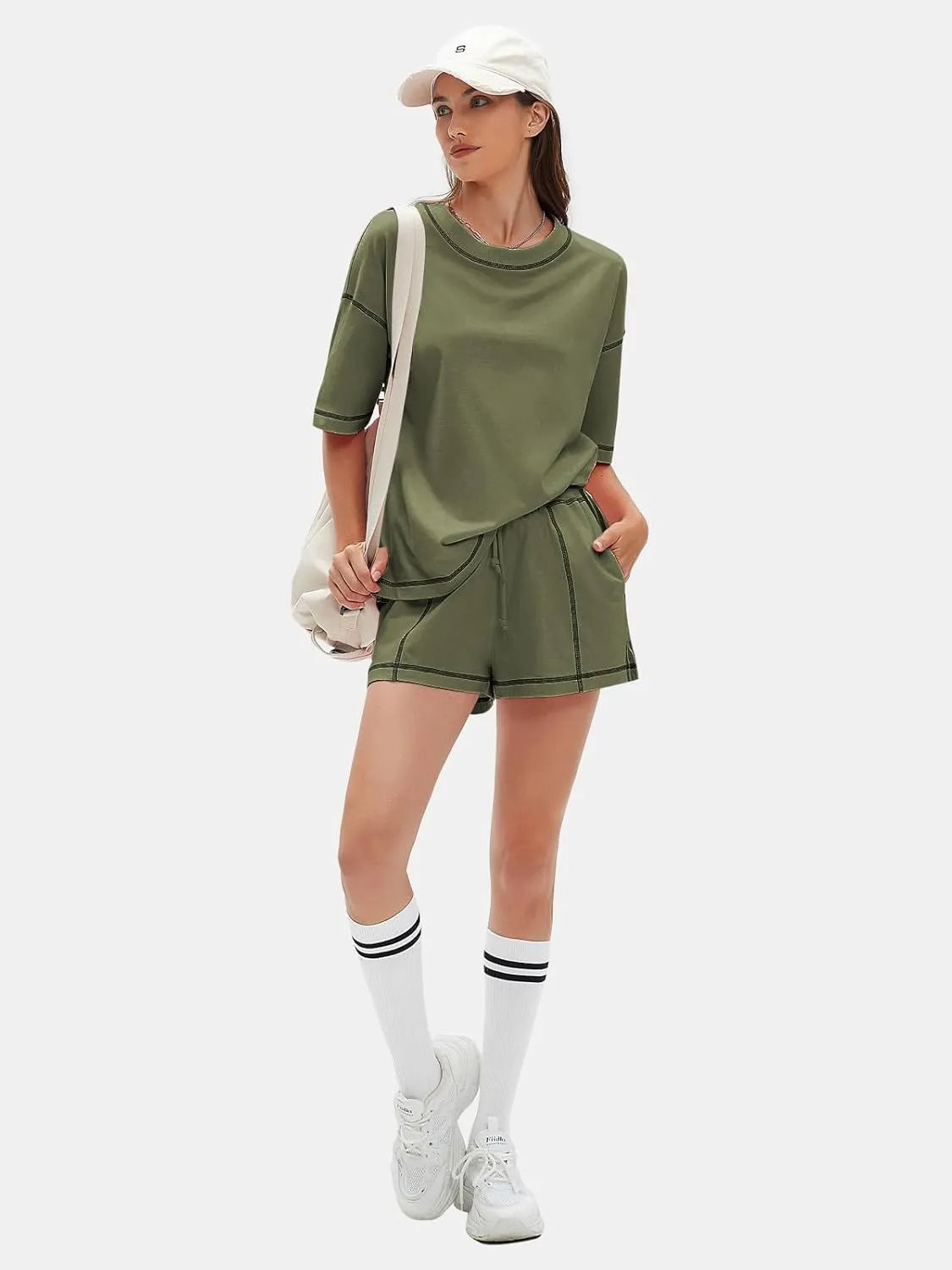 EXLURA Women's Casual Summer 2 Piece Sets 100% Cotton Short Sleeve Tshirt and Shorts Matching Sweatsuits Lounge Set 2025