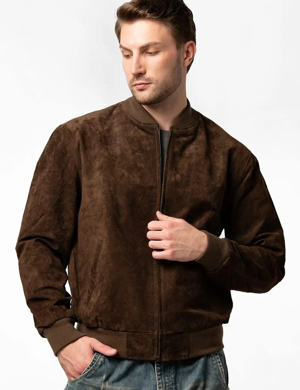 FLAVOR Men's Leather Baseball Jacket Vintage Suede Pigskin
