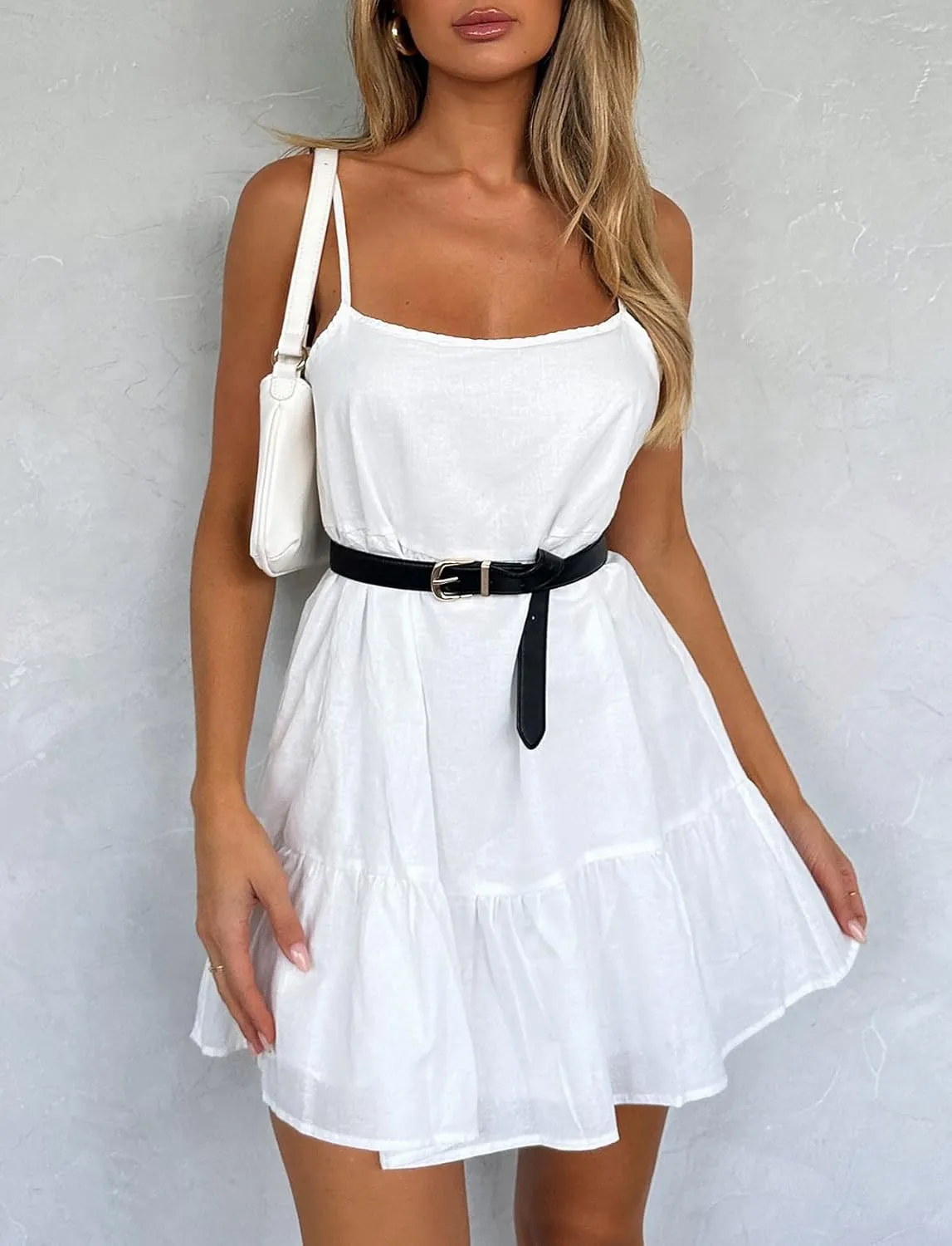 Flowy Short Sundress Mini Babydoll Dresses for Women Going Out Tiered Ruffle Beach Spaghetti Strap Swing Dress Cute