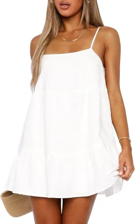 Flowy Short Sundress Mini Babydoll Dresses for Women Going Out Tiered Ruffle Beach Spaghetti Strap Swing Dress Cute