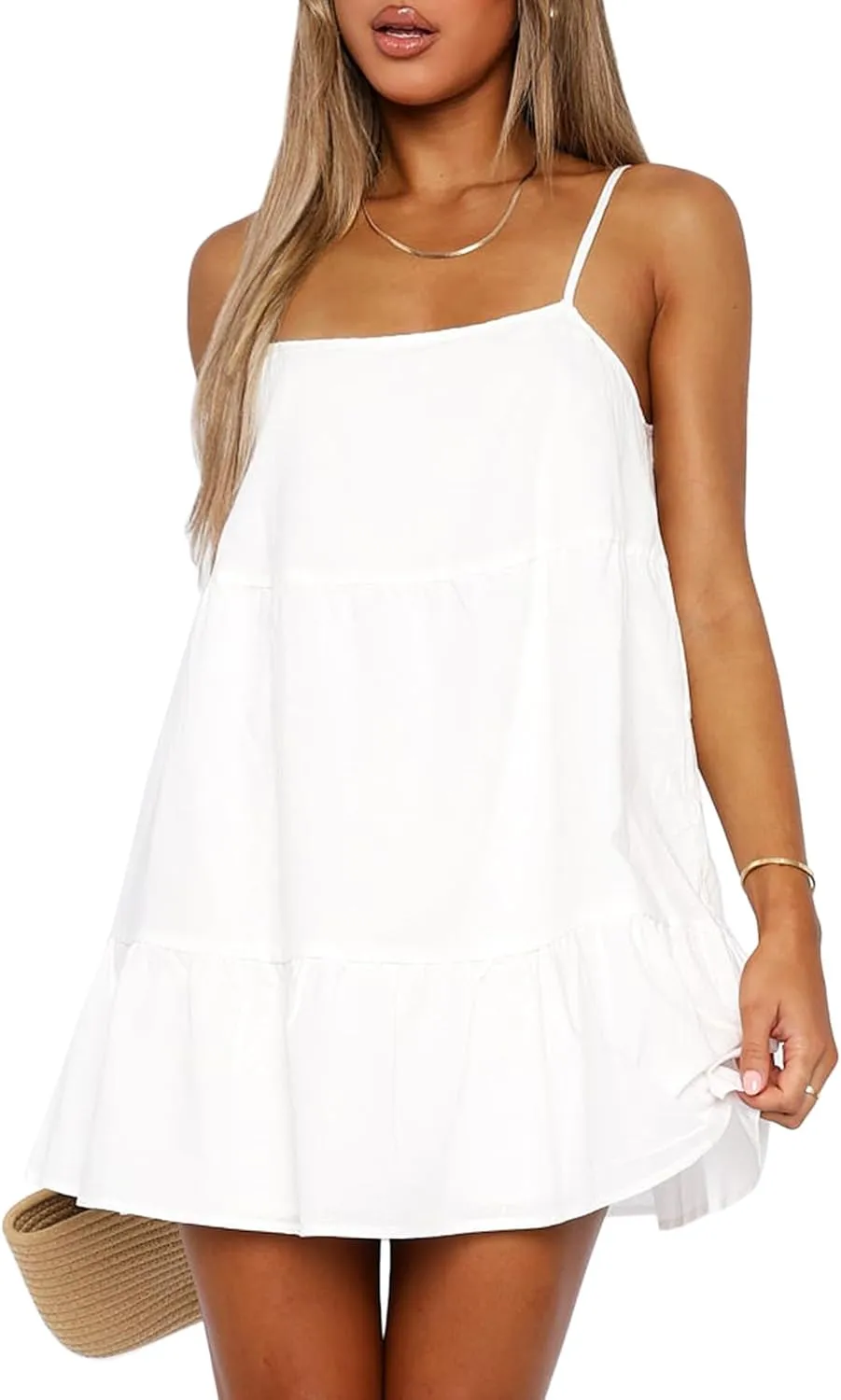 Flowy Short Sundress Mini Babydoll Dresses for Women Going Out Tiered Ruffle Beach Spaghetti Strap Swing Dress Cute
