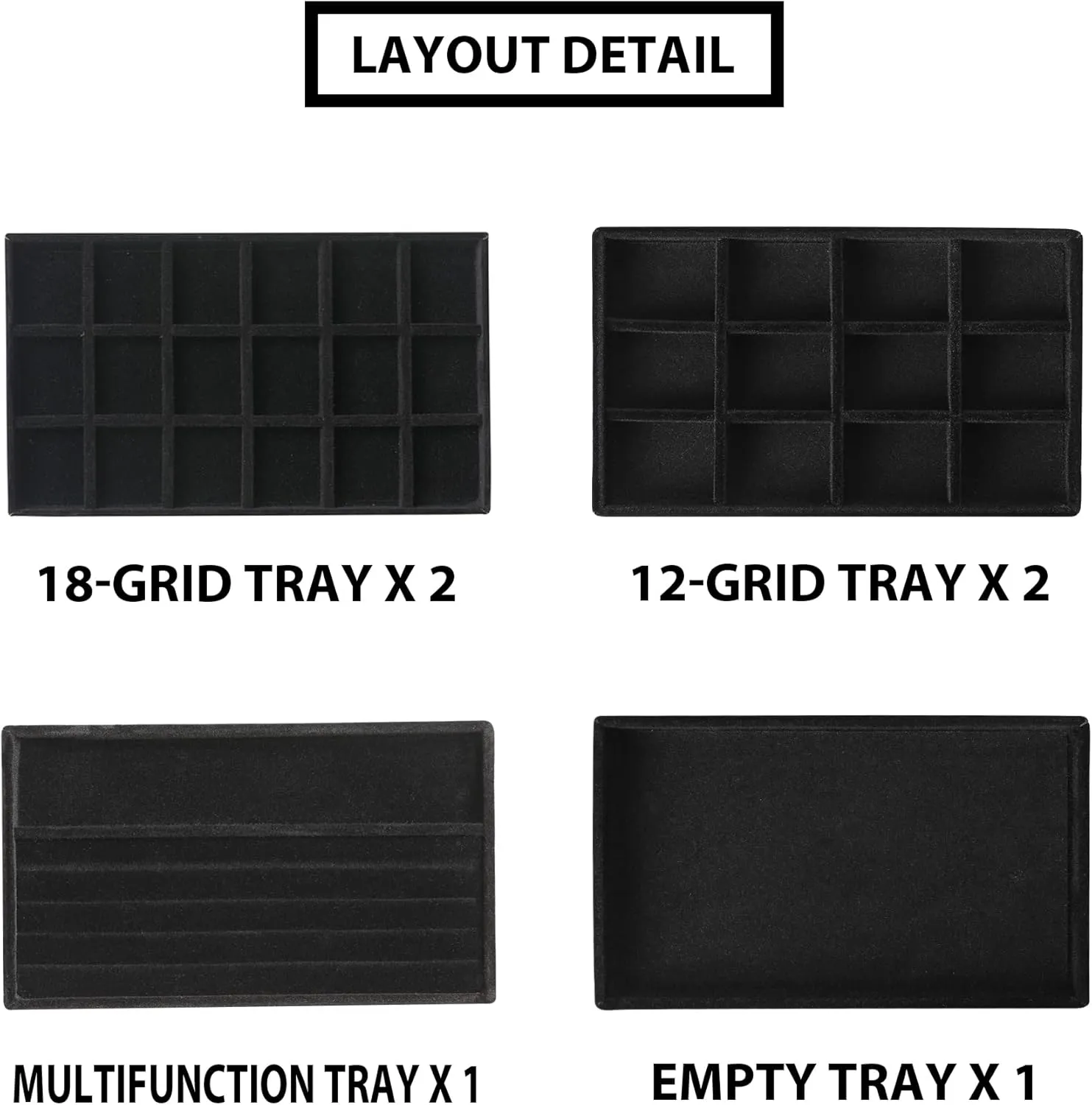 Frebeauty Jewelry Organizer Tray,Stackable Velvet Jewelry Trays,Drawer Inserts Earring Organizer For Women Jewelry Storage Display Case for Rings Stud Necklaces,Set of 6(Black)