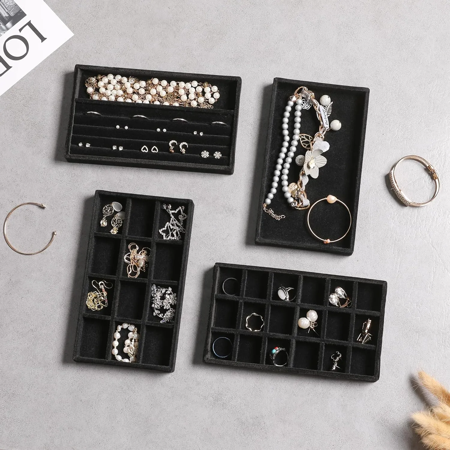 Frebeauty Jewelry Organizer Tray,Stackable Velvet Jewelry Trays,Drawer Inserts Earring Organizer For Women Jewelry Storage Display Case for Rings Stud Necklaces,Set of 6(Black)