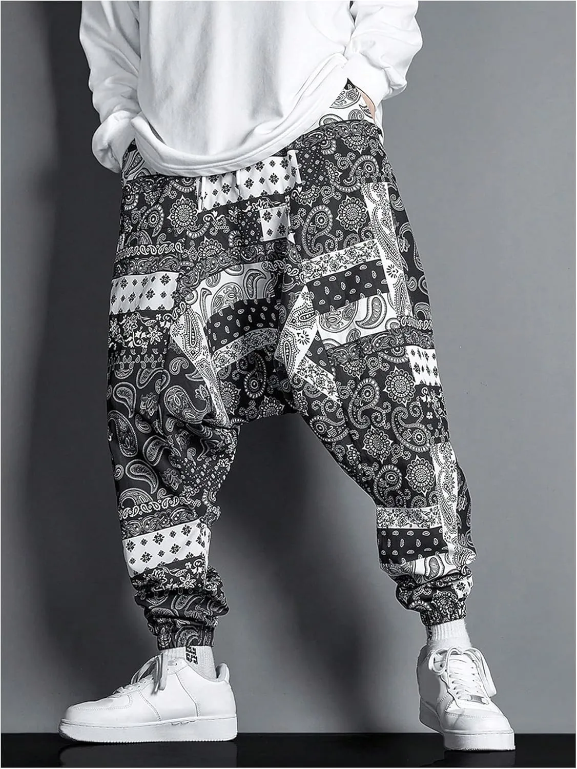 GORGLITTER Men's Baggy Stacked Sweatpants Y2K Wide Leg Flared Graphic Paisley Pants with Pocket