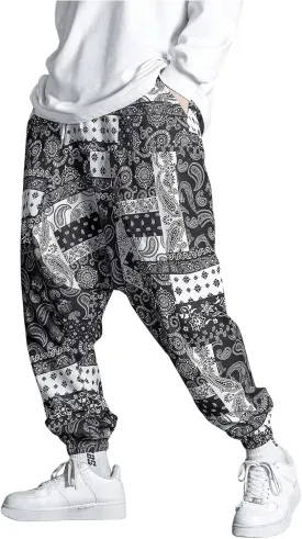 GORGLITTER Men's Baggy Stacked Sweatpants Y2K Wide Leg Flared Graphic Paisley Pants with Pocket