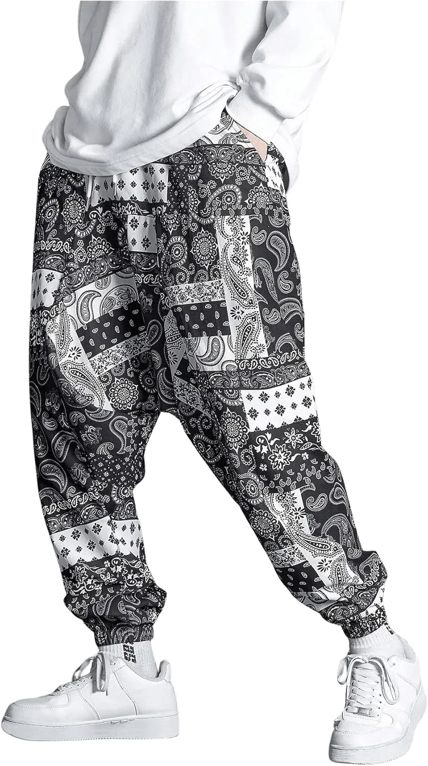GORGLITTER Men's Baggy Stacked Sweatpants Y2K Wide Leg Flared Graphic Paisley Pants with Pocket