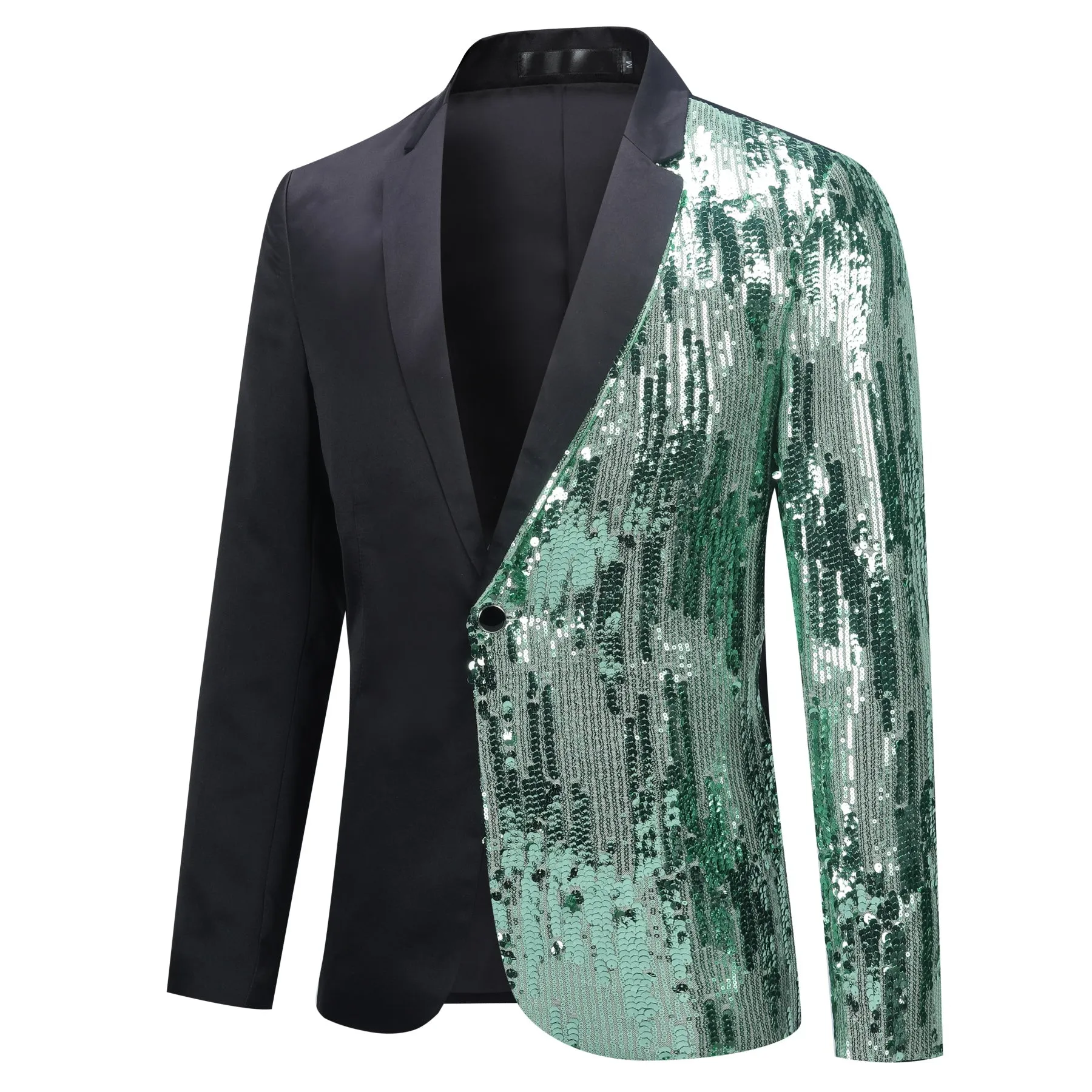 Green Slim Fit Notch Lapel Half-Sequin Blazer