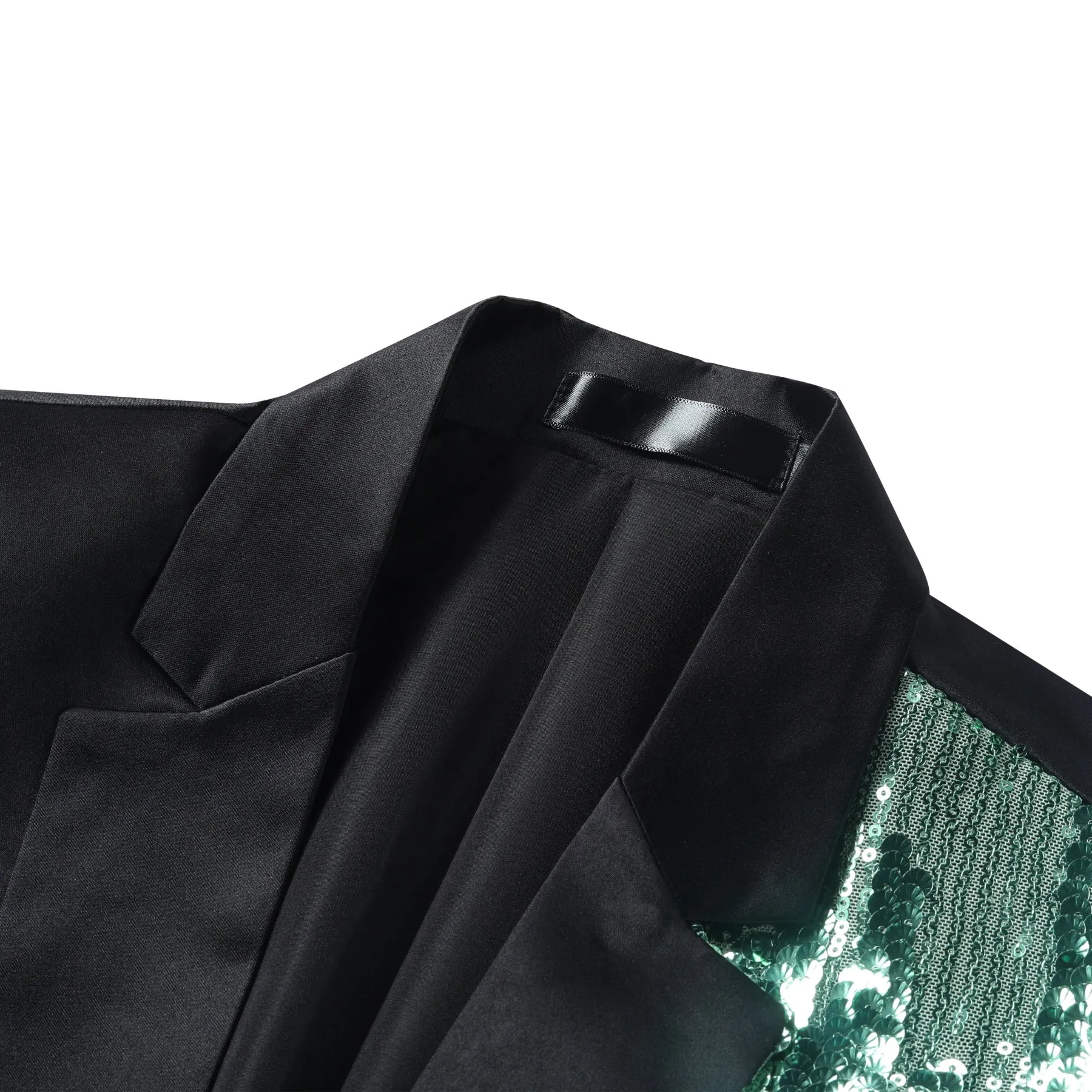 Green Slim Fit Notch Lapel Half-Sequin Blazer