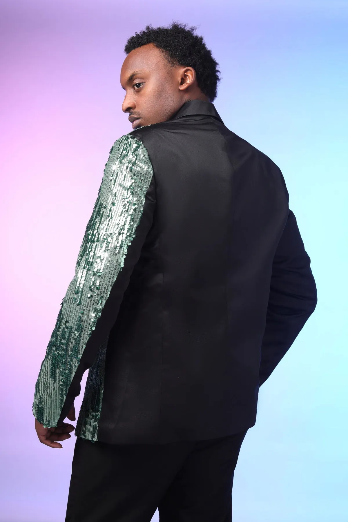 Green Slim Fit Notch Lapel Half-Sequin Blazer