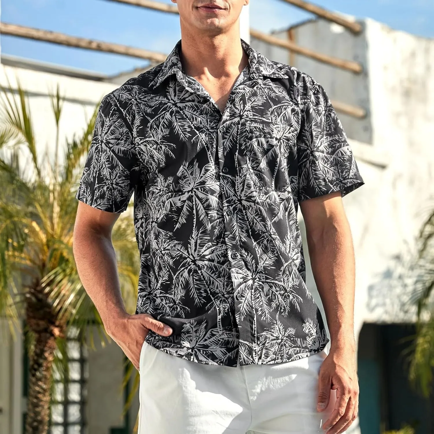 Hawaiian Floral T-Shirt for Men Button Down Beach Vacation Travel Tropical Shirt Collared Printed Summer Outfits Tops