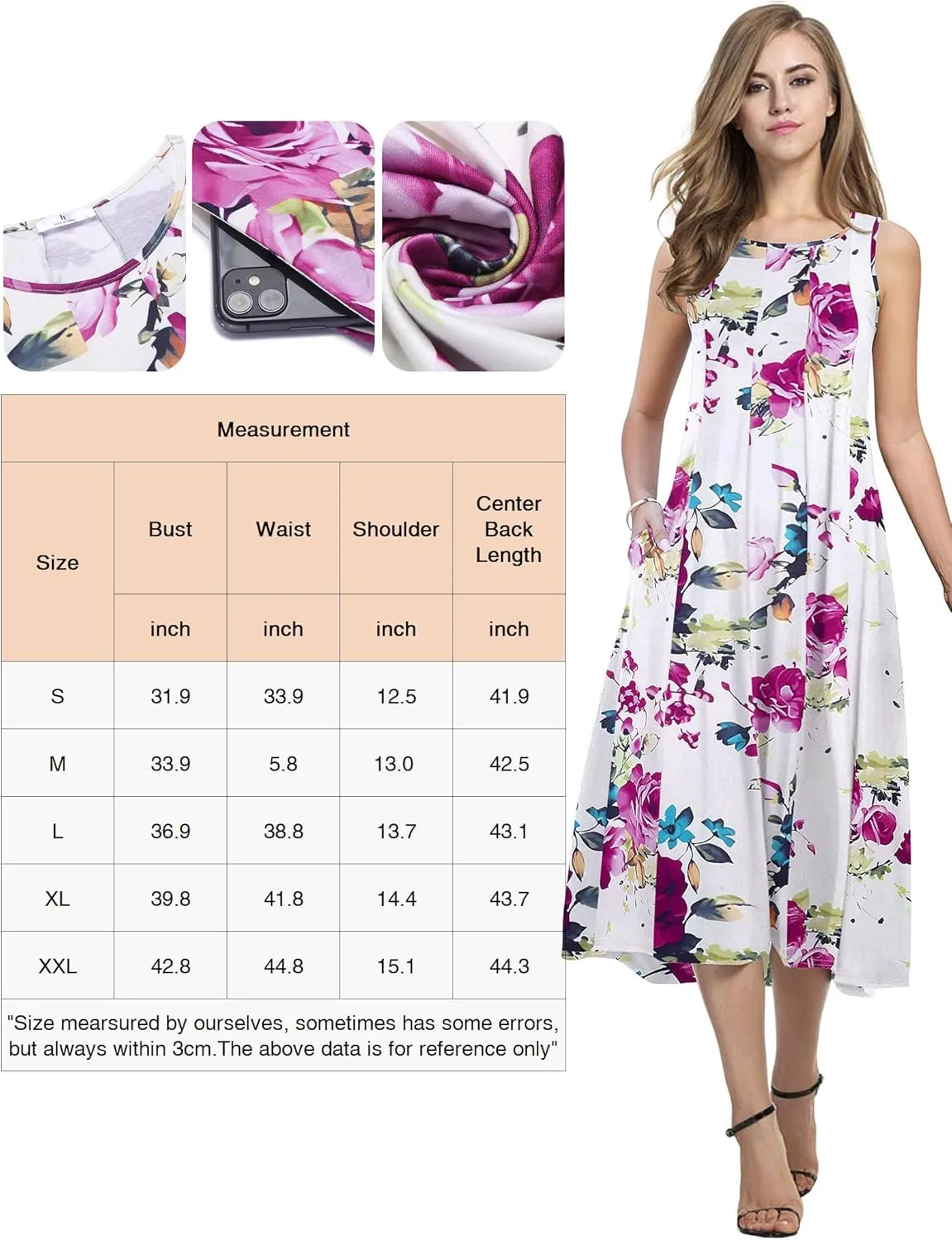 HOTOUCH Summer Casual Dresses for Women Sleeveless Midi Dress Swing Tank Sundress Pleated Tshirt Dress with Pockets