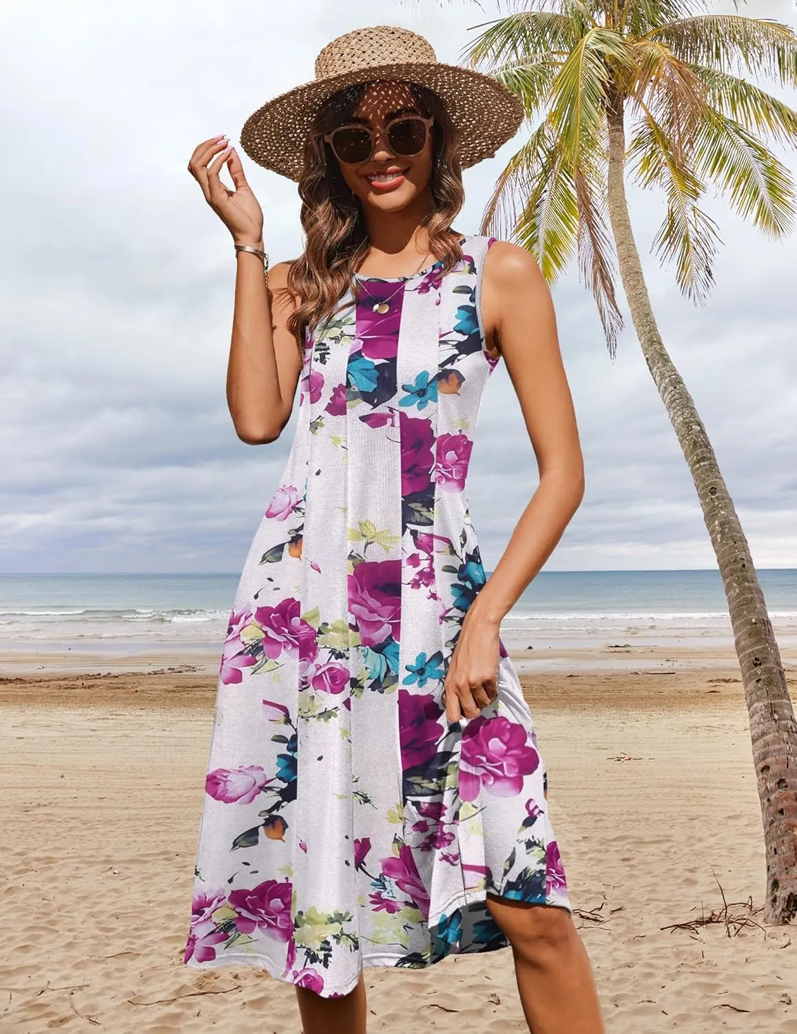 HOTOUCH Summer Casual Dresses for Women Sleeveless Midi Dress Swing Tank Sundress Pleated Tshirt Dress with Pockets
