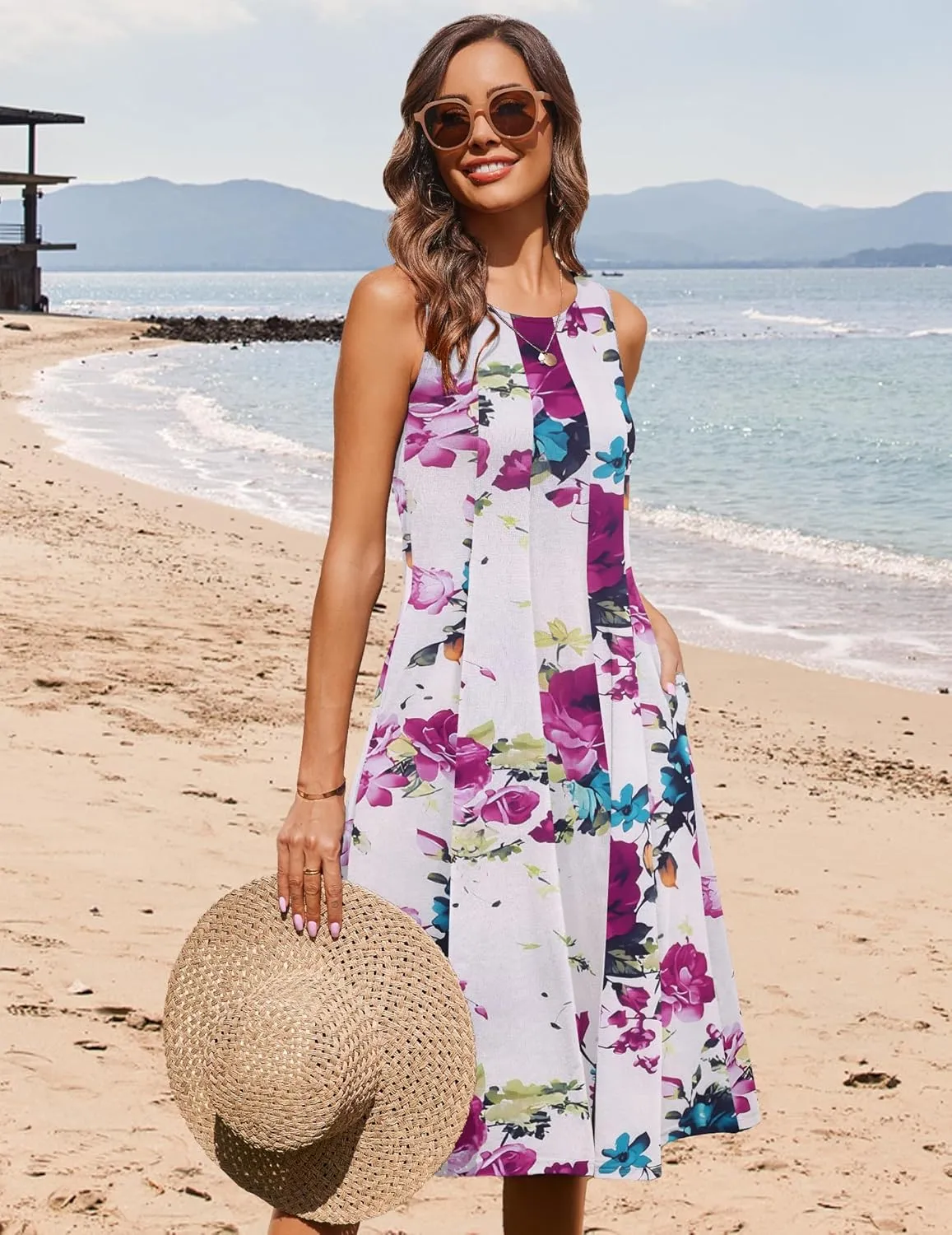 HOTOUCH Summer Casual Dresses for Women Sleeveless Midi Dress Swing Tank Sundress Pleated Tshirt Dress with Pockets
