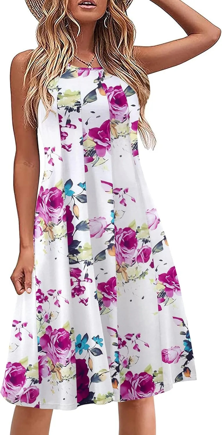 HOTOUCH Summer Casual Dresses for Women Sleeveless Midi Dress Swing Tank Sundress Pleated Tshirt Dress with Pockets
