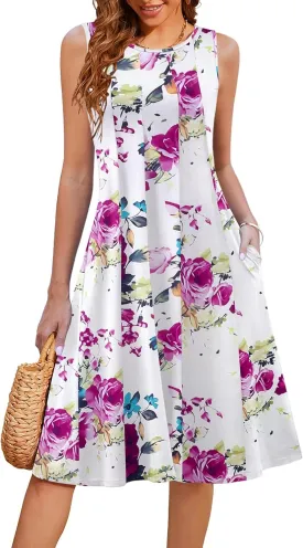 HOTOUCH Summer Casual Dresses for Women Sleeveless Midi Dress Swing Tank Sundress Pleated Tshirt Dress with Pockets