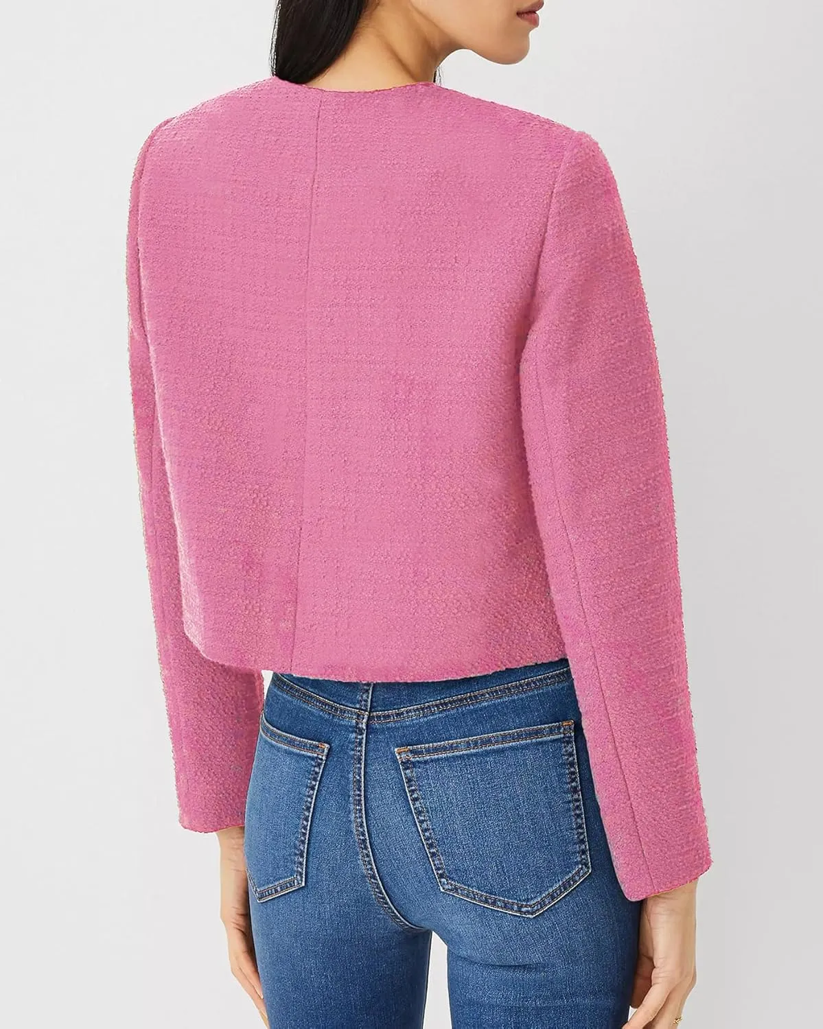 LifeShe Tweed Blazer Jacket for Women Elegant Open Front Cropped Blazers Long Sleeve Office Work Coats